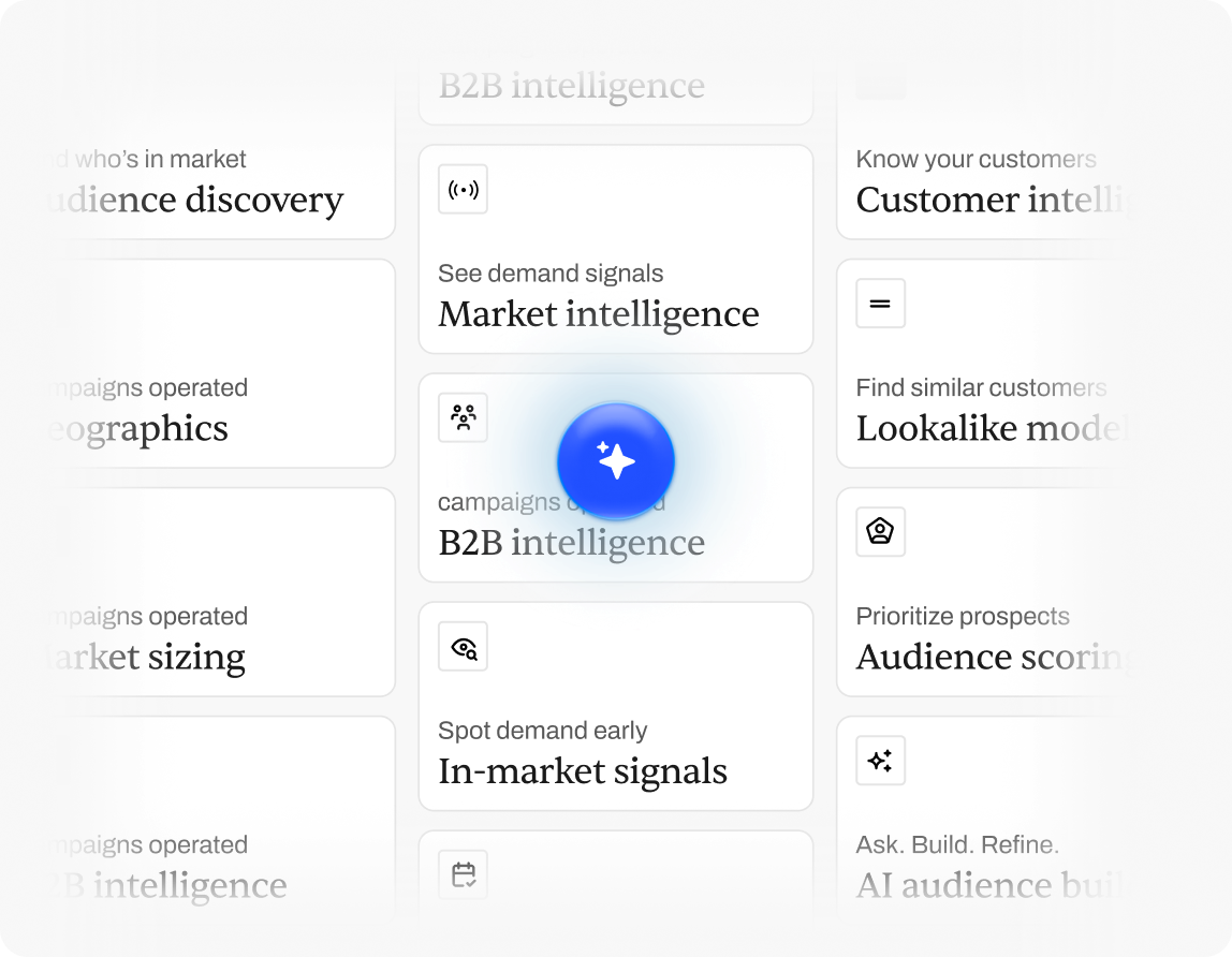 Datasys AI surfacing audience discovery, market intelligence and scoring across a grid of capabilities